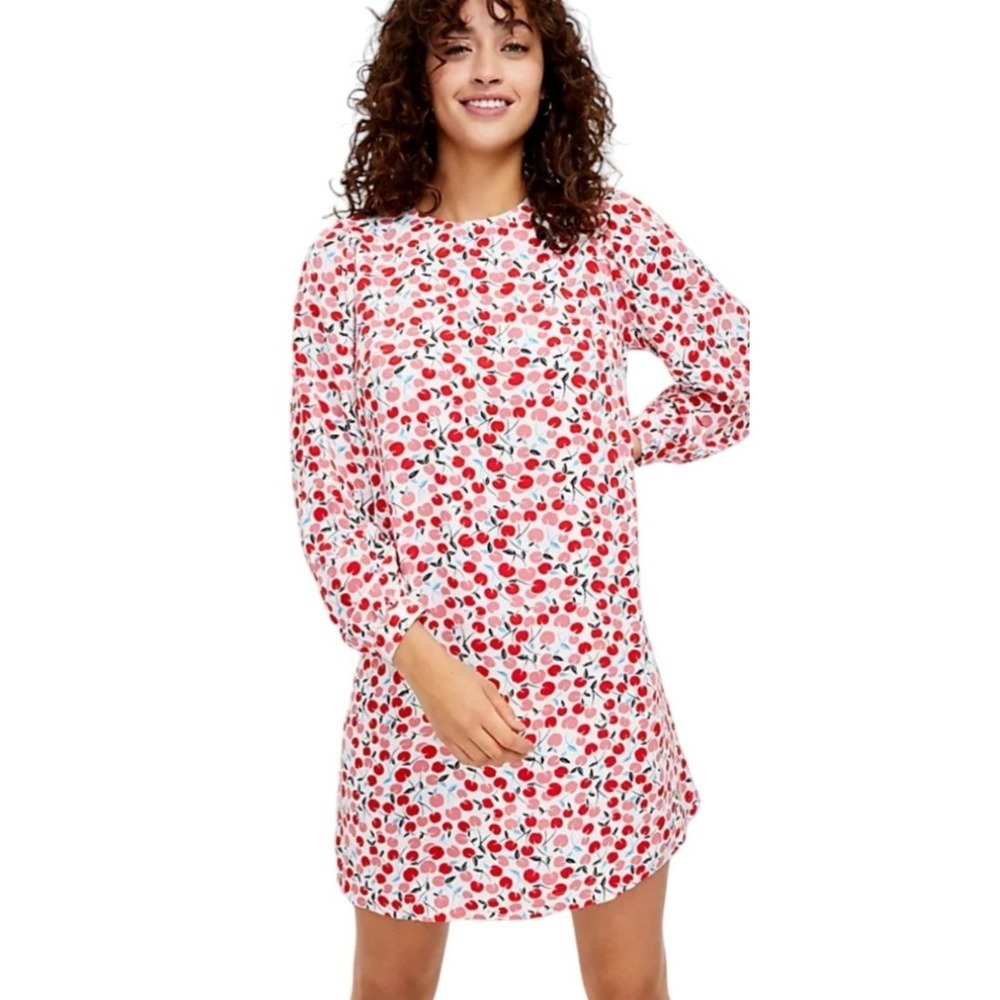 LOFT Cherry Print Shift Dress Womens L White Red Like New Long Sleeve SP21